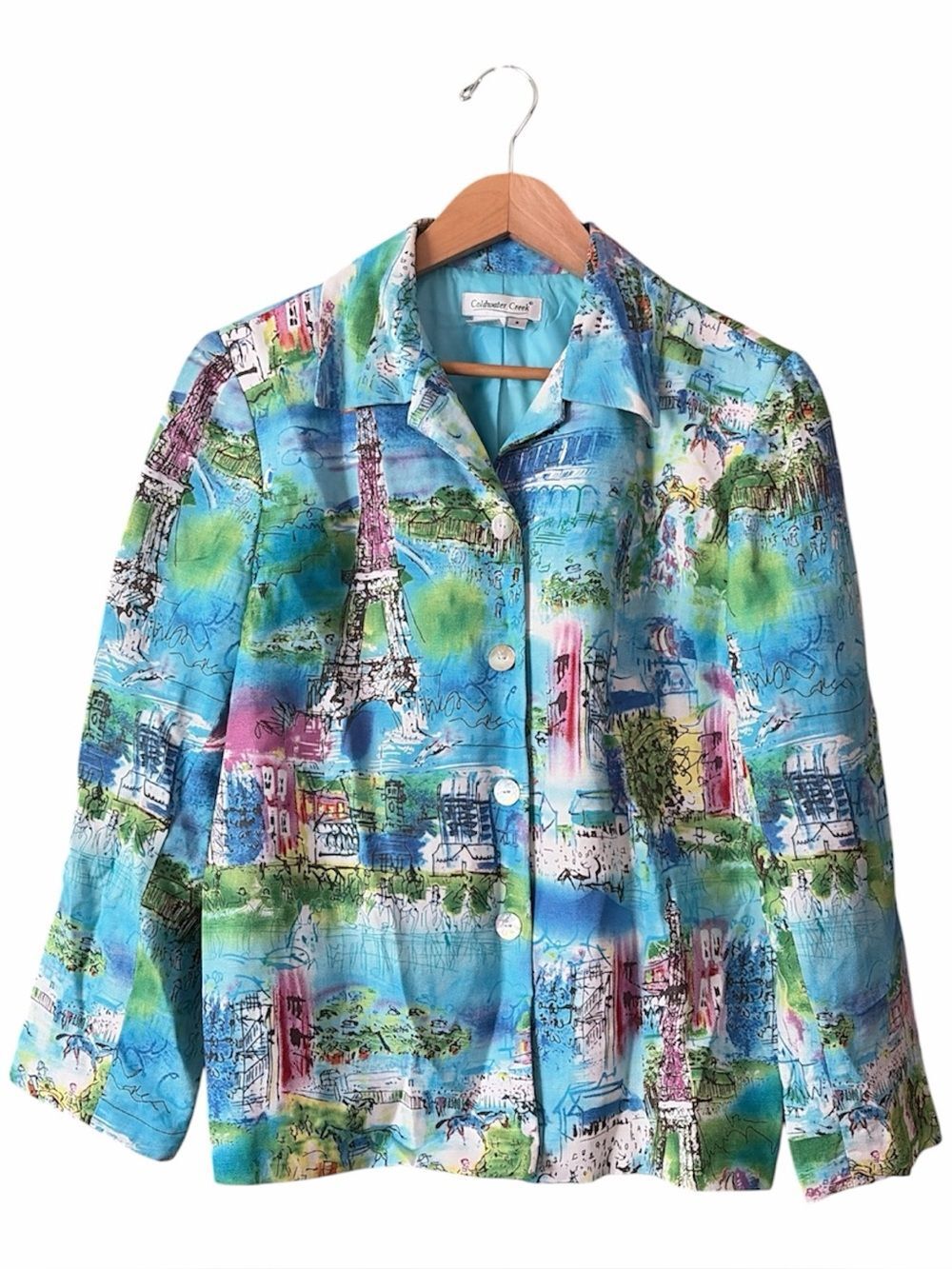 Coldwater Creek Blazer Eiffel Tower Button Down Linen Blend Blue Sz 8